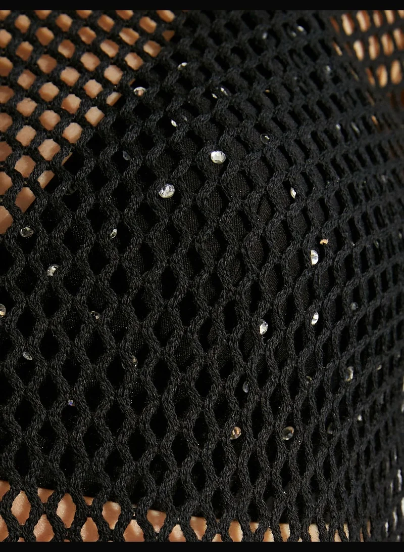 KOTON Crew Neck Flare Sleeve Crop Fishnet Blouse