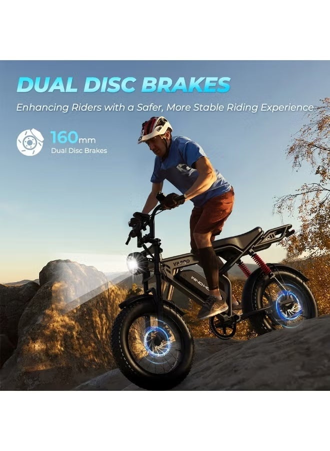 ويندهورس دراجة كهربائية V8 PRO – محرك تروس خلفي بقوة 750 واط، بطارية 48 فولت 16.6 أمبير/ساعة عالية السعة، سرعة قصوى 50 كم/س، مدى قيادة حتى 45 كم، إطارات عريضة مقاس 20 إنش، نظام تعليق مزدوج، ناقل حركة Shimano بـ 7 سرعات، هيكل من سبيكة الكربون، مكابح قرصية مزدوجة - Image 3