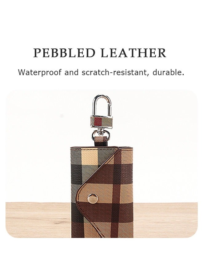 Car PU Plaid Smart Key Chain bag, 6 Hook Anti Rust Alloy Key Chain Waterproof Leather Wallet Pouch, Money ID Card Storage Holder Organizer (Brown) - Image 5