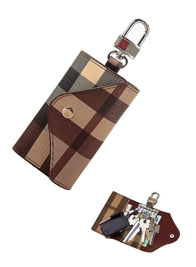 Car PU Plaid Smart Key Chain bag, 6 Hook Anti Rust Alloy Key Chain Waterproof Leather Wallet Pouch, Money ID Card Storage Holder Organizer (Brown) - Image 1