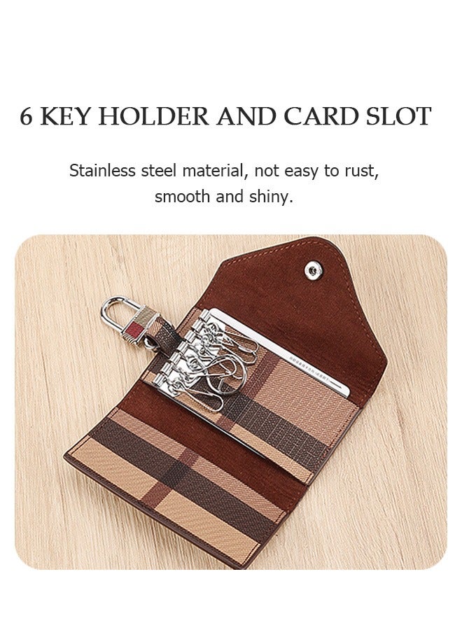 Car PU Plaid Smart Key Chain bag, 6 Hook Anti Rust Alloy Key Chain Waterproof Leather Wallet Pouch, Money ID Card Storage Holder Organizer (Brown) - Image 3