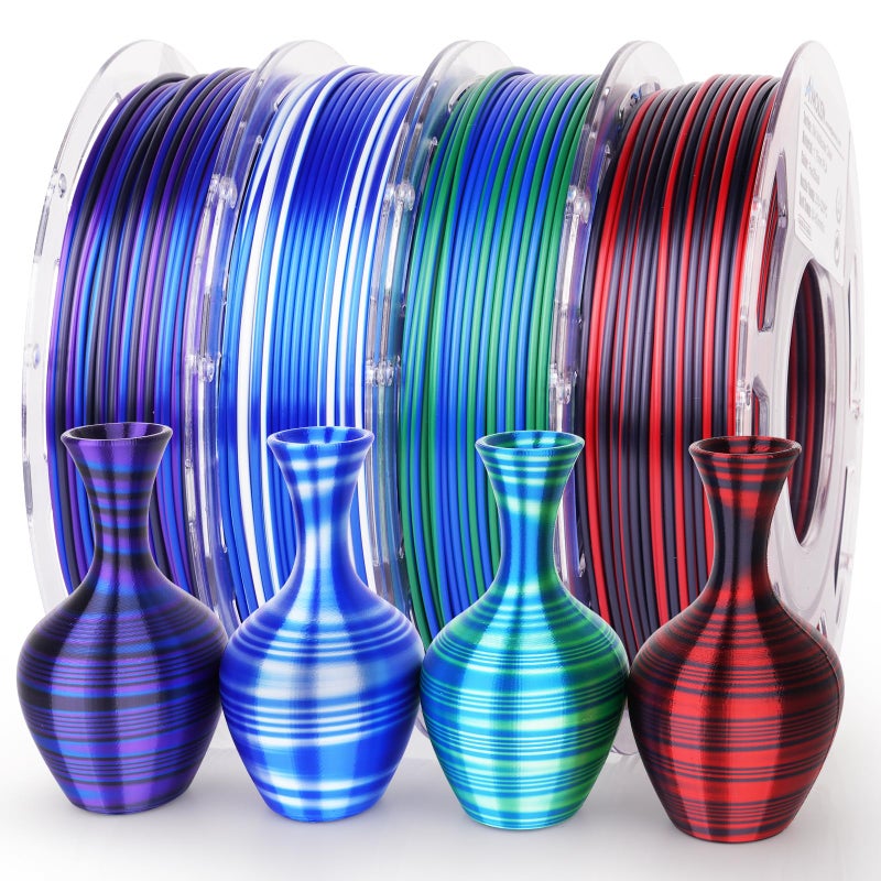 AMOLEN Silk PLA 3D Printer Filament Bundle, Multicolor Gradient Rainbow PLA 1.75mm Pack, Shiny Fast Color Change 3D Printing Filament for Most FDM 3D Printer, 200g X 4 Spools - Image 1