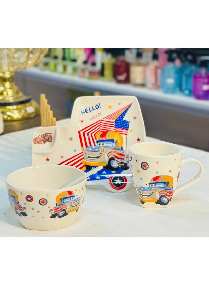 Kids Dining Set – 4-Piece Reusable ceramic Plate, Bowl, Cup& Spoon | Durable Tableware for Children perfect gift for kids (Mater the Greater) - Image 1