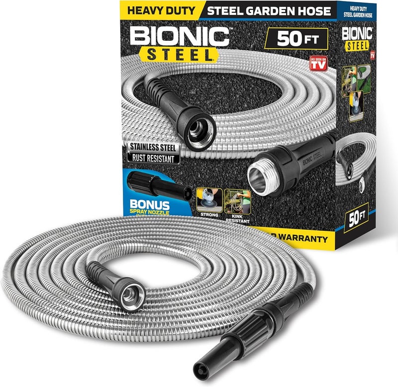 BIONIC STEEL 50 Ft Metal Garden Hose with Sprayer Nozzle, Non Kinking Designed Stainless Steel Heavy Duty Water Hose 50Ft x 5/8 in. Ultra Flexible NON Expandable for Uninterrupted Water Flow, 500 PSI - Image 1