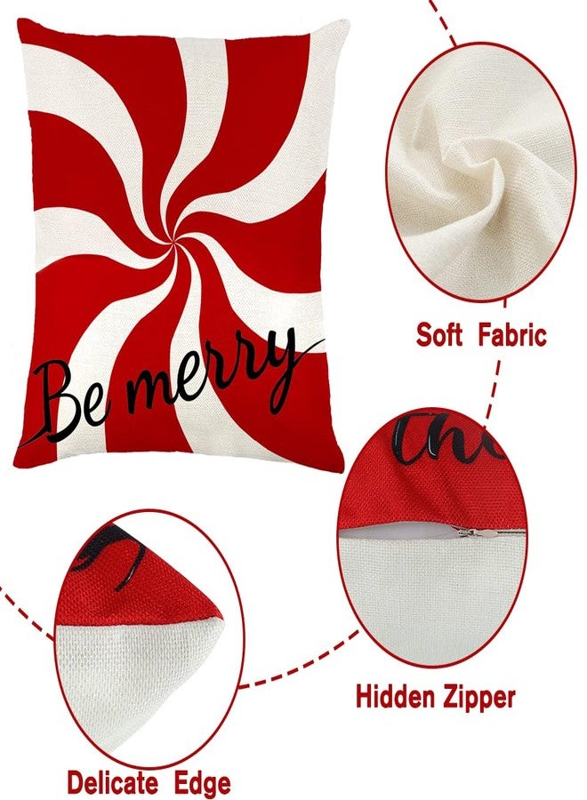 Vellibring Christmas Candy Pillow Covers, 18x18 Set of 4 Red White Christmas Throw Cushion Case Be Merry Christmas for Winter Holiday Sofa Couch Home Decoration - Image 3