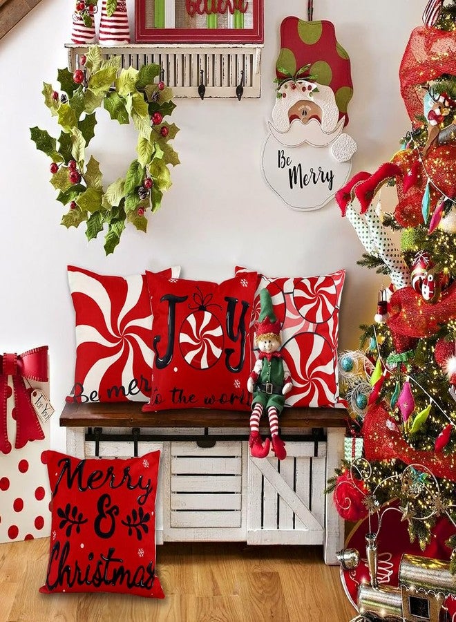Vellibring Christmas Candy Pillow Covers, 18x18 Set of 4 Red White Christmas Throw Cushion Case Be Merry Christmas for Winter Holiday Sofa Couch Home Decoration - Image 4