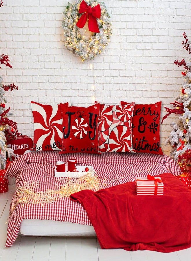 Vellibring Christmas Candy Pillow Covers, 18x18 Set of 4 Red White Christmas Throw Cushion Case Be Merry Christmas for Winter Holiday Sofa Couch Home Decoration - Image 5