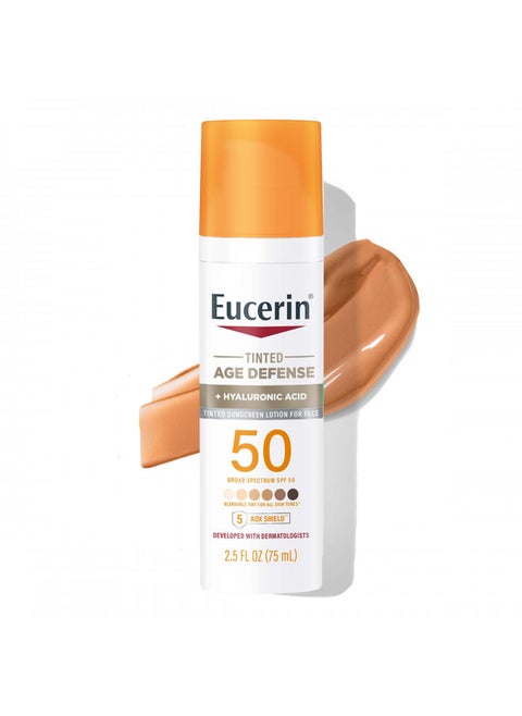 Sun Tinted Age Defense Spf 50 Face Sunscreen Lotion, Hypoallergenic, Fragrance Free Tinted Sunscreen Spf 50 With Hyaluronic Acid, 2.5 Fl Oz Bottle