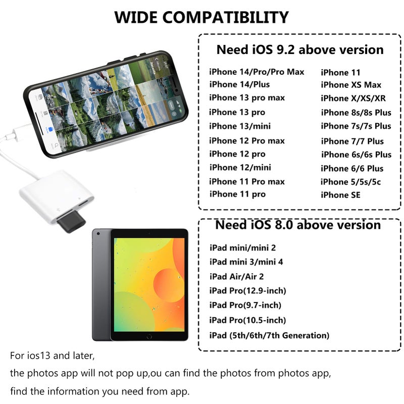 Cirafon Lightning to USB Camera Adapter with Charging Port for iPhone Portable USB 3.0 Female OTG Cable for iPad to Connect Card Reader USB Flash Drive U Disk Microphone Keyboard Mouse Hubs Midi - Image 3
