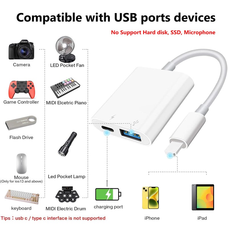 Cirafon Lightning to USB Camera Adapter with Charging Port for iPhone Portable USB 3.0 Female OTG Cable for iPad to Connect Card Reader USB Flash Drive U Disk Microphone Keyboard Mouse Hubs Midi - Image 2