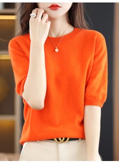 Generic Spring Autumn Womens Short Sleeve Pullover Cropped Half Sleeve Loose Fit Medium Sleeve Thin Base Layer Top Knitted Sweater Love Horse Orange 