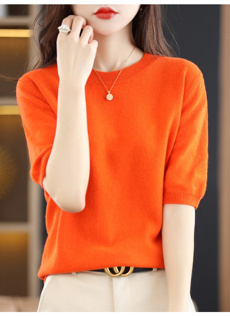Generic - Spring Autumn Womens Short Sleeve Pullover Cropped Half Sleeve Loose Fit Medium Sleeve Thin Base Layer Top Knitted Sweater Love Horse Orange - Image 1