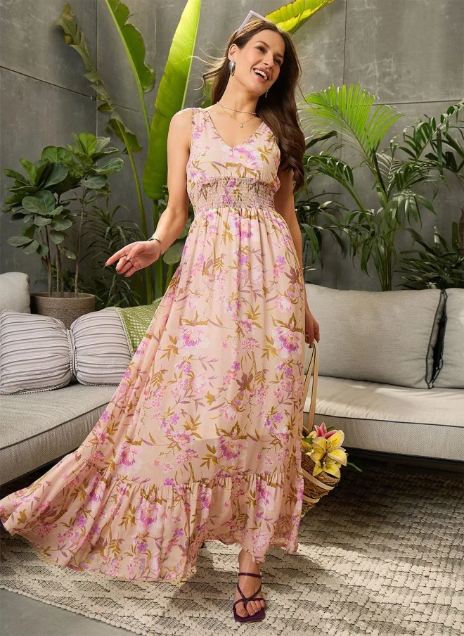 SASSAFRAS Floral Print Georgette Maxi Dress for Women