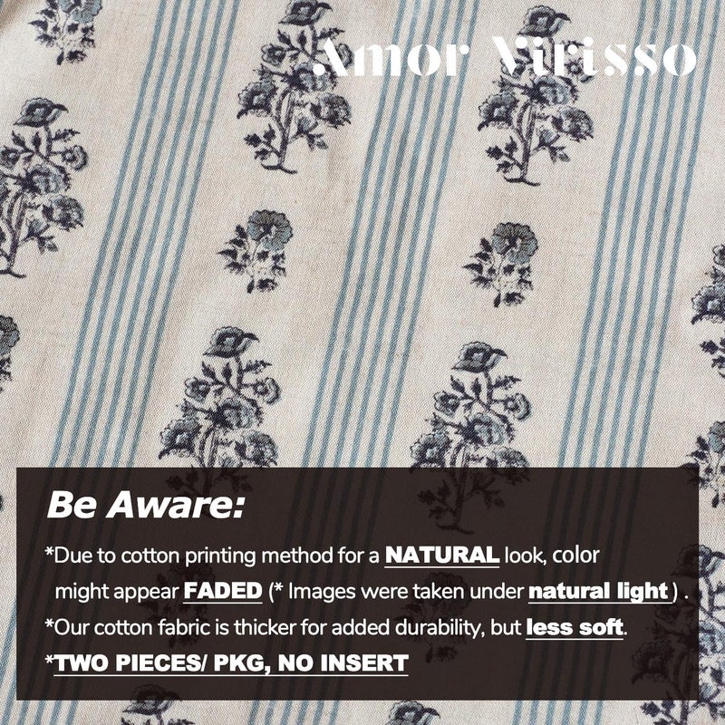 Amor Virisso Floral Throw Pillow Covers 22x22 Set of 2 Block Print Pillow Covers Neutral Floral Striped Farmhouse Decorative Pillow Covers for Sofa Couch Bed, Light Blue - Image 4