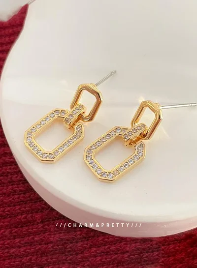 Take Two Take Two Gold Square Hollow Embellished Earrings