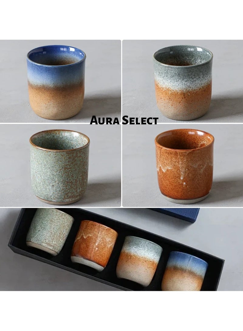  أورا سيليكت طقم فناجين شاي من 4 قطع من السيراميك | طقم أكواب شاي مصنوعة يدوياً | طقم أكواب قهوة | 220 مل، آمن للفرن والغسل في غسالة الأطباق | علبة هدايا - Image 1