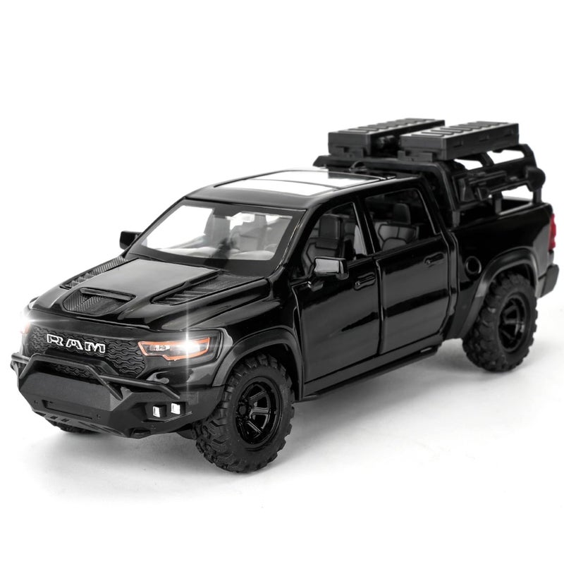 BDTCTK Dodge Ram Mammoth PickUp Truck Model Car Zinc Alloy Pull Back Toy car with Sound and Light for Kids Boy Girl GiftBlack - Image 2