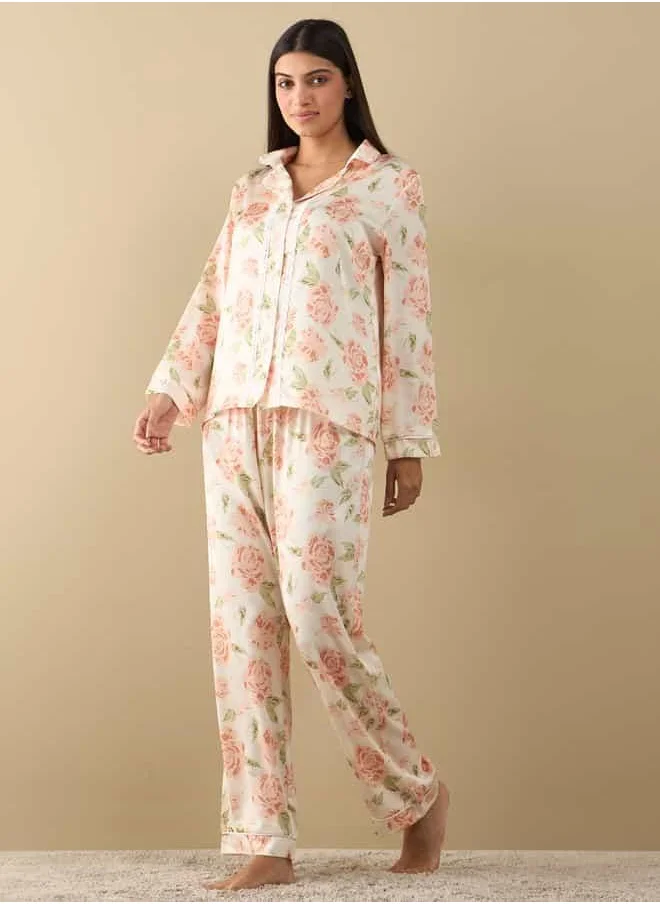 FAV All-Over Floral Print Laced Long Sleeve Shirt and Elasticated Pyjama Set