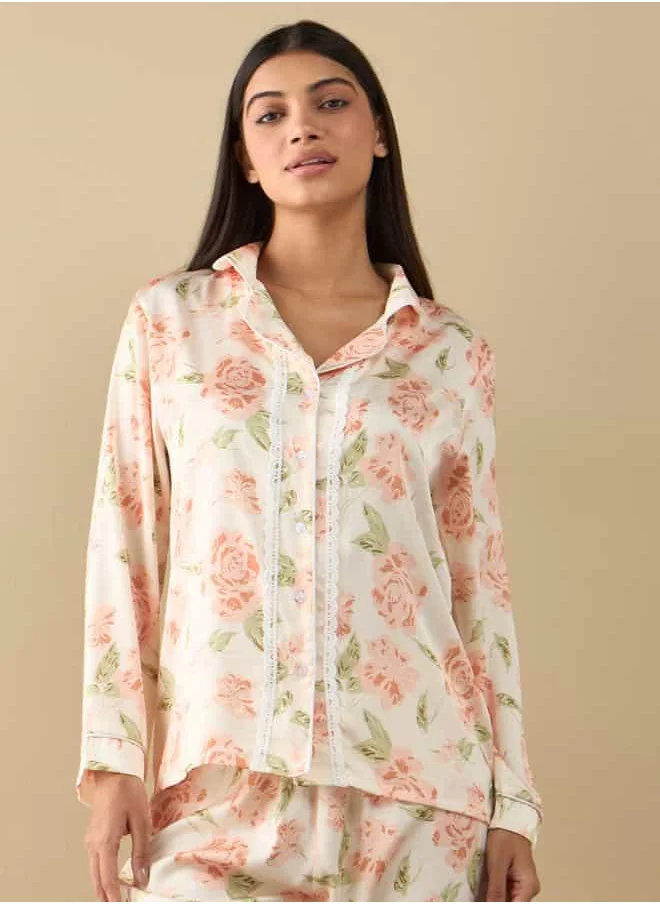 FAV All-Over Floral Print Laced Long Sleeve Shirt and Elasticated Pyjama Set