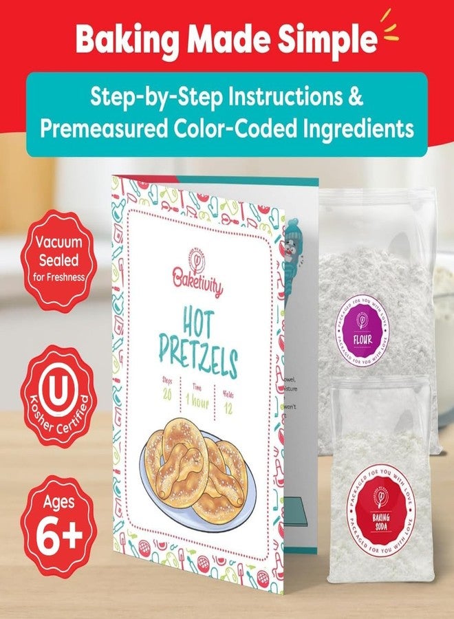 Baketivity Kids Baking Set, Meal Cooking Party Supply Kit for Teens, Real Fun Little Junior Chef Essential Kitchen Lessons, Includes Pre-Measured Ingredients (Kit +Hat & Apron, Pretzel) - Image 2