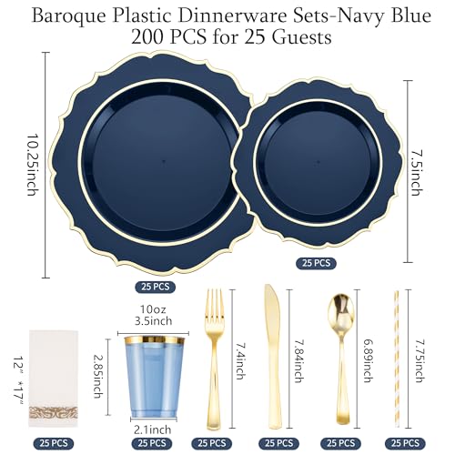 ISFANGCO 200PCS Premium Blue Plastic Plates, Plastic Graduation Plates, Heavy Duty Blue and Gold Disposable Plate, 25 Dinner/Dessert Plates, 75 Silverware Set, 25 Cups, Straws for Party(25 Guests) - Image 3
