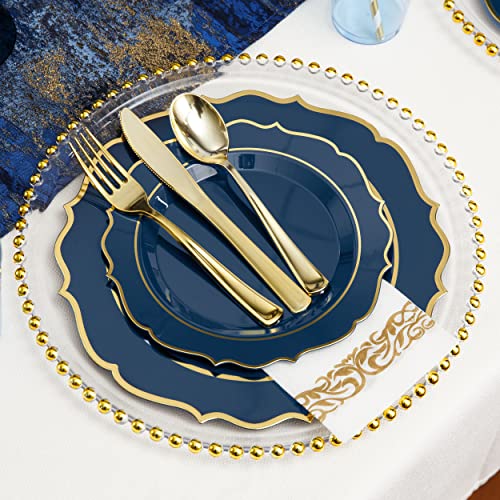ISFANGCO 200PCS Premium Blue Plastic Plates, Plastic Graduation Plates, Heavy Duty Blue and Gold Disposable Plate, 25 Dinner/Dessert Plates, 75 Silverware Set, 25 Cups, Straws for Party(25 Guests) - Image 2