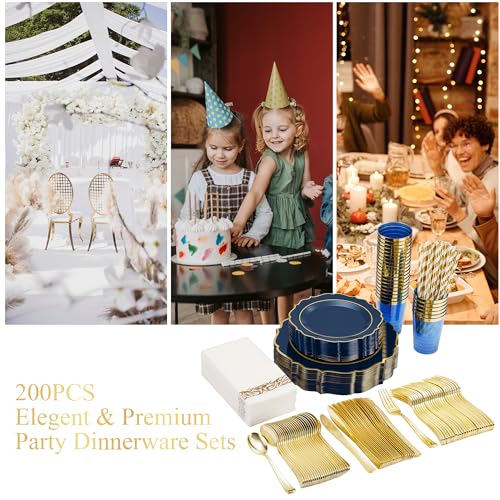 ISFANGCO 200PCS Premium Blue Plastic Plates, Plastic Graduation Plates, Heavy Duty Blue and Gold Disposable Plate, 25 Dinner/Dessert Plates, 75 Silverware Set, 25 Cups, Straws for Party(25 Guests) - Image 5
