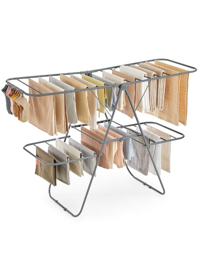 SONGMICS حامل تجفيف الملابس من سونغميكس، قابل للطي، 2 مستوى، حامل تجفيف الملابس قائم بذاته، مع أجنحة قابلة للتعديل في الارتفاع، 33 قضيب تجفيف، مشابك للجوارب، رمادي - Image 1