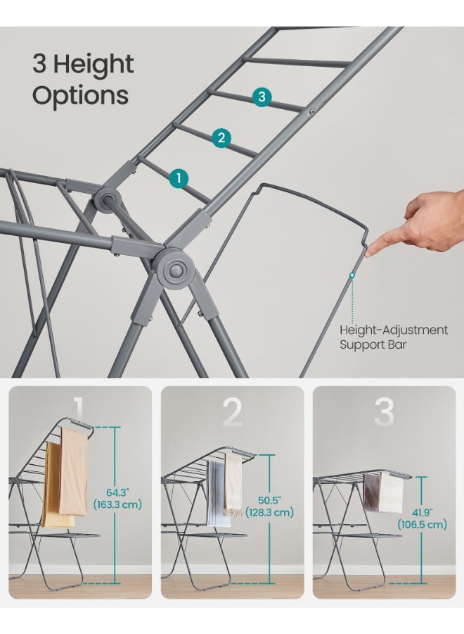 SONGMICS حامل تجفيف الملابس من سونغميكس، قابل للطي، 2 مستوى، حامل تجفيف الملابس قائم بذاته، مع أجنحة قابلة للتعديل في الارتفاع، 33 قضيب تجفيف، مشابك للجوارب، رمادي - Image 4