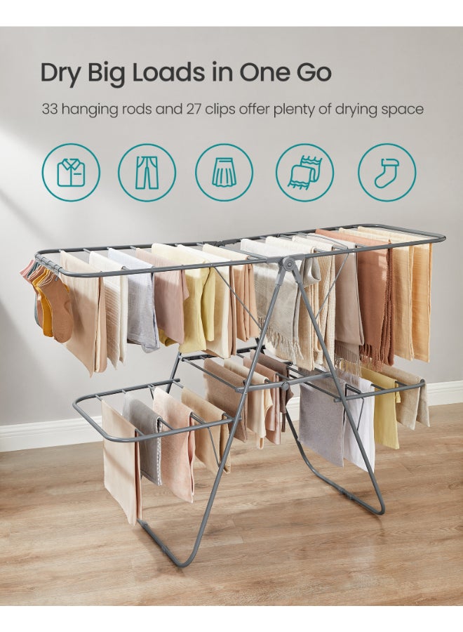 SONGMICS حامل تجفيف الملابس من سونغميكس، قابل للطي، 2 مستوى، حامل تجفيف الملابس قائم بذاته، مع أجنحة قابلة للتعديل في الارتفاع، 33 قضيب تجفيف، مشابك للجوارب، رمادي - Image 3