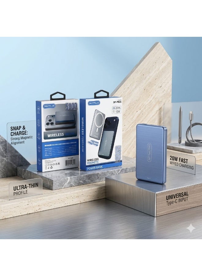 DigitPlus DP-PB26 Wireless Magnetic Power Bank – 5000mAh Slim Portable Charger with 15W Wireless & 20W USB-C Fast Charging - Image 1