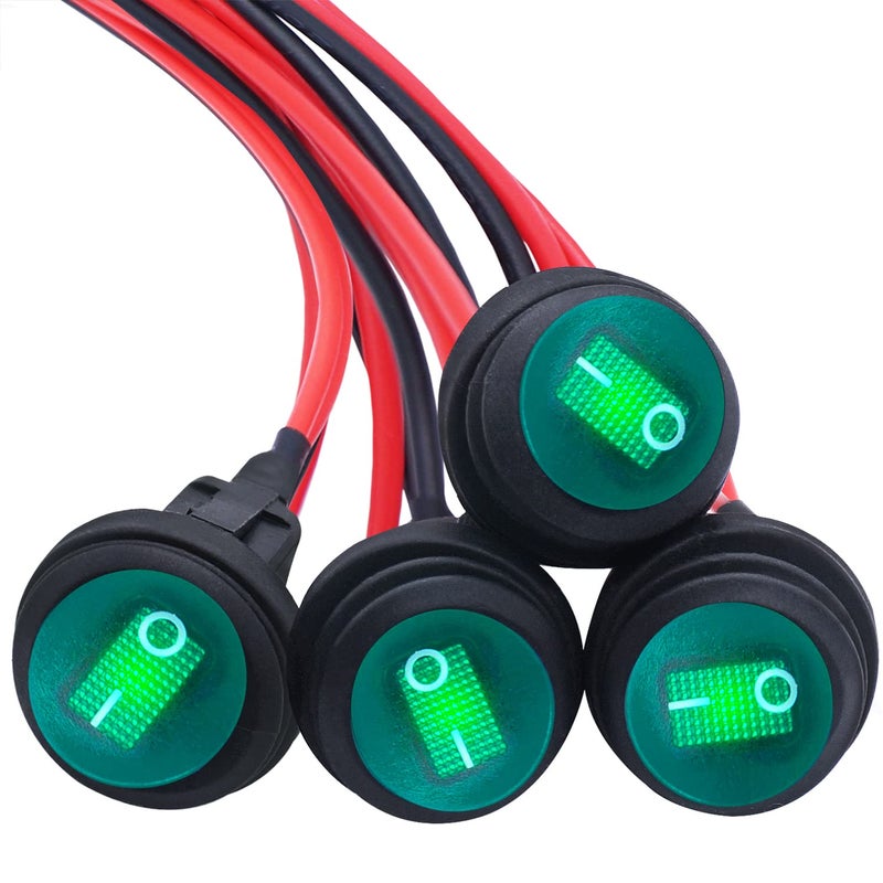 mankk 4Pcs Waterproof Rocker Switch 12V Round Toggle Switch SPST 3pin ON Off Green LED Light with Detachable Wires for Car Auto Boat Trucks KCD1-5-101NW-G-X - Image 1