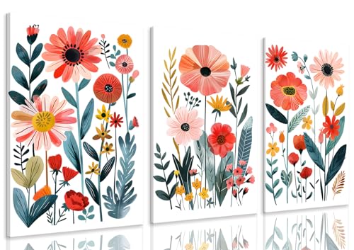KISSFOX Framed Colorful Wildflower Canvas Wall Art Set Of 3 Flowers Pictures Prints Flowers Printing Floral Watercolors Flower wall Decor Living Room Girls Bedroom Bathroom - Image 1