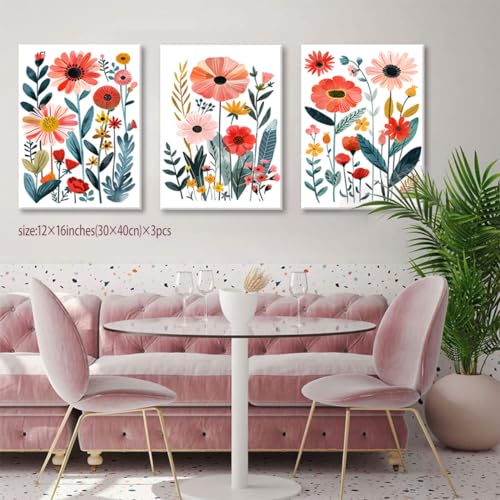 KISSFOX Framed Colorful Wildflower Canvas Wall Art Set Of 3 Flowers Pictures Prints Flowers Printing Floral Watercolors Flower wall Decor Living Room Girls Bedroom Bathroom - Image 3