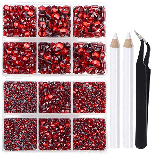 LPBeads 6400 Pieces Hotfix Rhinestones Siam Flat Back 5 Mixed Sizes Crystal Round Glass Gems with Tweezers and Picking Rhinestones Pen - Image 1