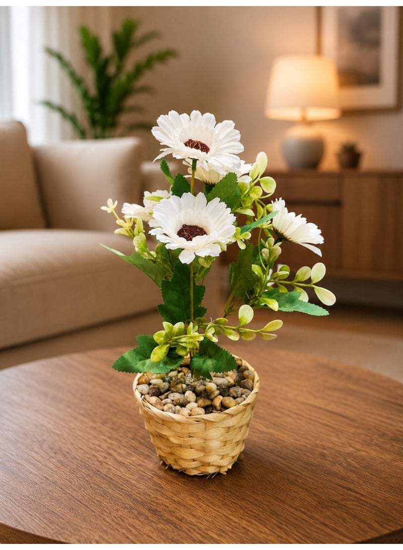 تنسيق زهور أقحوان بيضاء صناعية في سلة منسوجة يدويًا مع حصى ديكوري، نبات زينة صناعي واقعي، ارتفاع 40 سم، لديكور المنزل والمكتب - Image 1