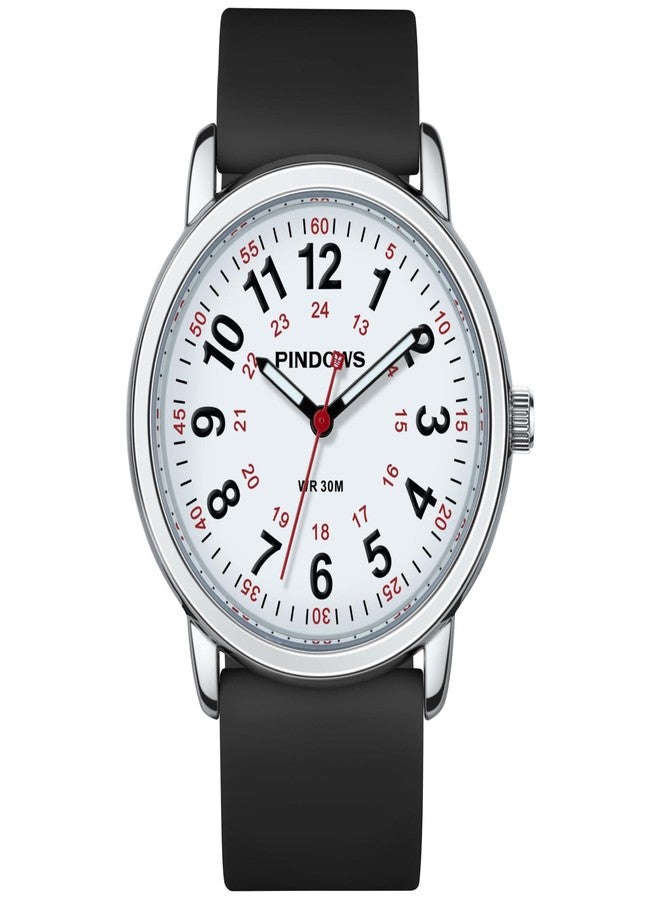 PINDOWS Women's Analogue Quartz Wrist Watch with Silicone Strap for Young Women Students Easy Read Waterproof Unisex Luminous Dial (Schwarz/Silberfarben) - Image 2