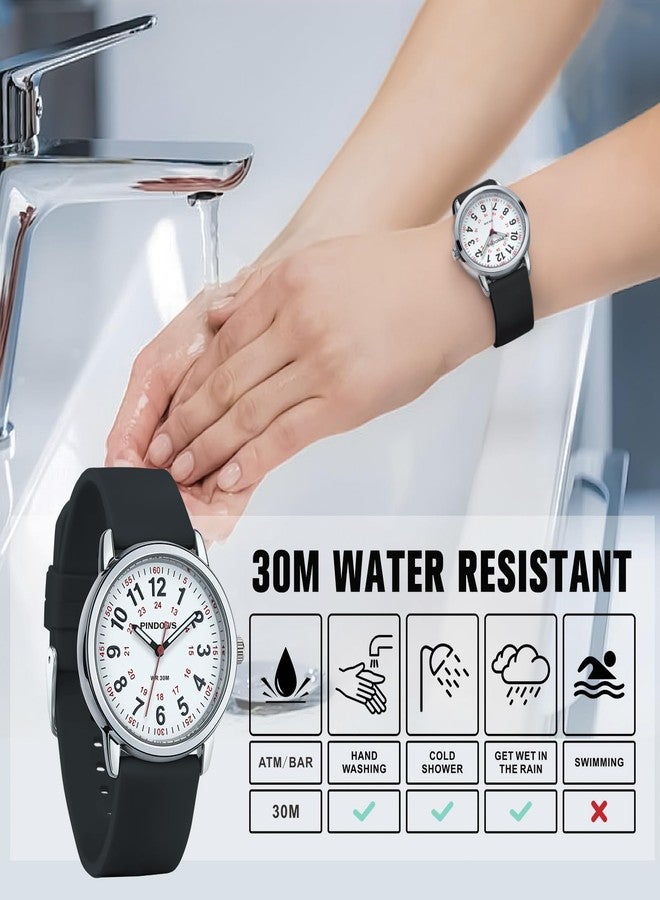 PINDOWS Women's Analogue Quartz Wrist Watch with Silicone Strap for Young Women Students Easy Read Waterproof Unisex Luminous Dial (Schwarz/Silberfarben) - Image 3