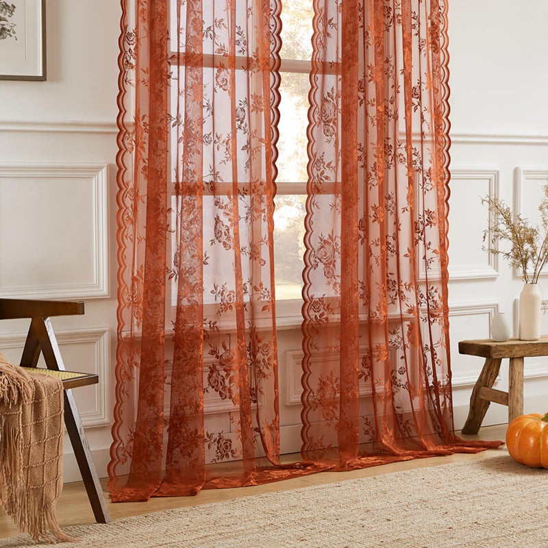 SEEKRIGHT Terracotta Lace Curtains 84 Inches Long Country Rustic Floral Sheer Curtains for Living Room Bedroom Autumn Drapes Rod Pocket Light Filtering Orange Lace Curtain for Dining Room Fall Decor, 52x84 - Image 2