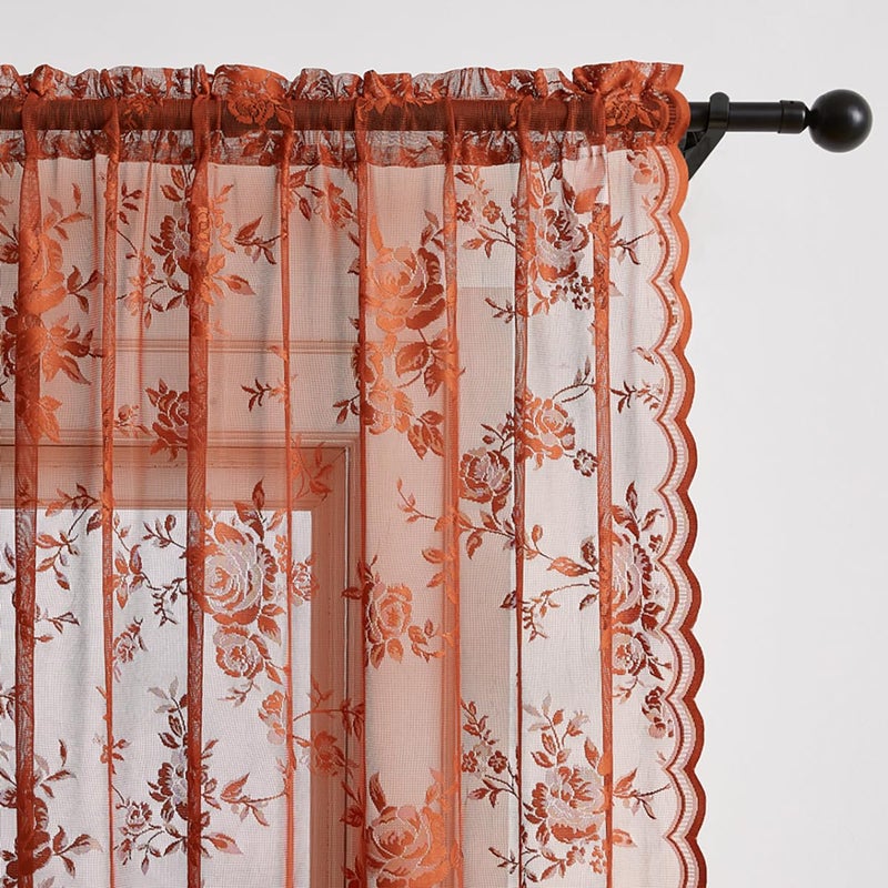 SEEKRIGHT Terracotta Lace Curtains 84 Inches Long Country Rustic Floral Sheer Curtains for Living Room Bedroom Autumn Drapes Rod Pocket Light Filtering Orange Lace Curtain for Dining Room Fall Decor, 52x84 - Image 4