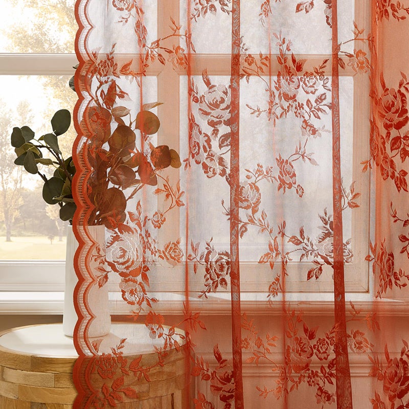SEEKRIGHT Terracotta Lace Curtains 84 Inches Long Country Rustic Floral Sheer Curtains for Living Room Bedroom Autumn Drapes Rod Pocket Light Filtering Orange Lace Curtain for Dining Room Fall Decor, 52x84 - Image 3