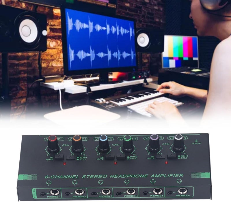 Pilipane Stereo Headphone Amplifier 6 Channel Mini Signal Splitter with 12 Output Jacks for Music Creation Live Performances Aluminum Alloy - Image 3