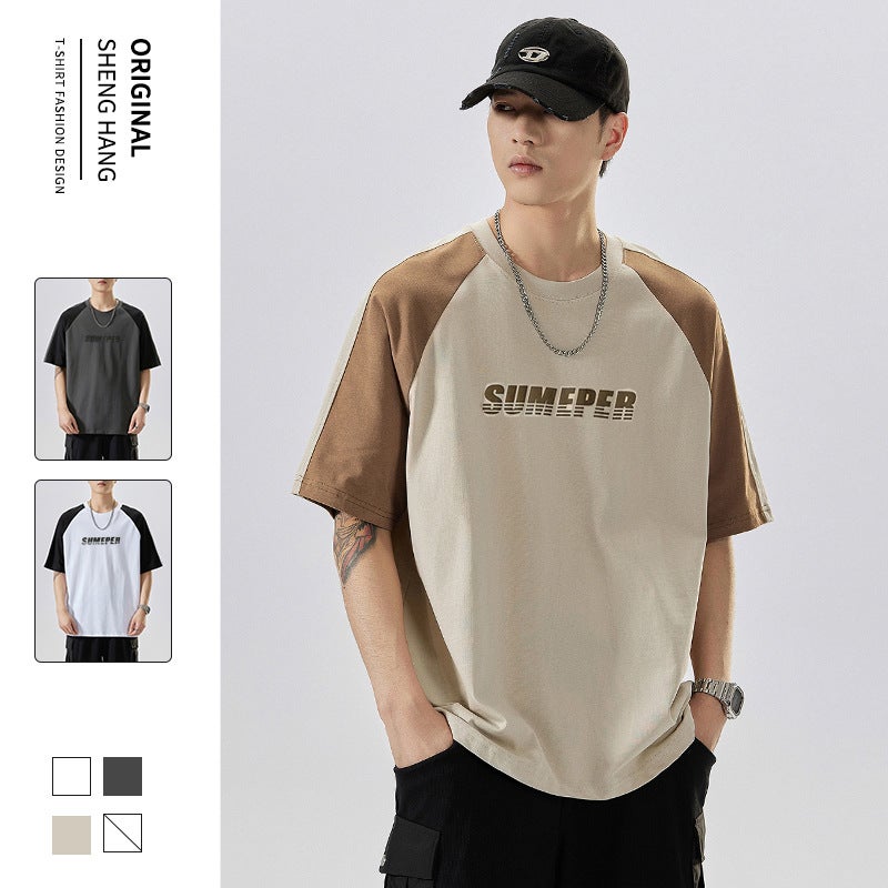 Short-Sleeved Crew Neck T-Shirt Men'S 2025 American Heavyweight 240G Tide Splice Color Casual Loose Men'S T - Image 3