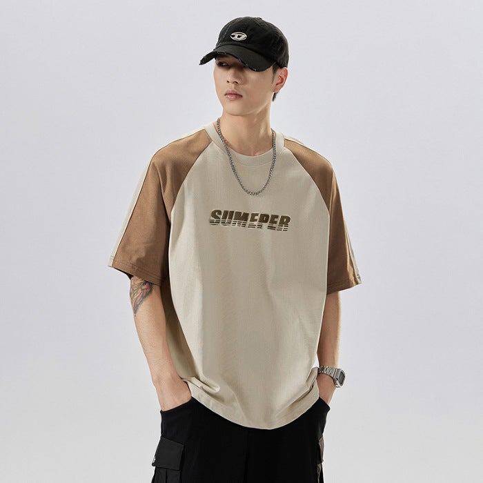 Short-Sleeved Crew Neck T-Shirt Men'S 2025 American Heavyweight 240G Tide Splice Color Casual Loose Men'S T - Image 1