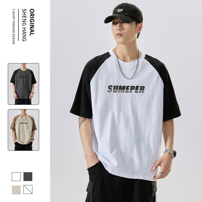 Short-Sleeved Crew Neck T-Shirt Men'S 2025 American Heavyweight 240G Tide Splice Color Casual Loose Men'S T - Image 2