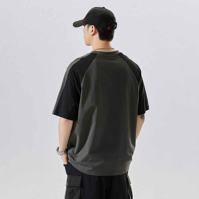 Short-Sleeved Crew Neck T-Shirt Men'S 2025 American Heavyweight 240G Tide Splice Color Casual Loose Men'S T - Image 5