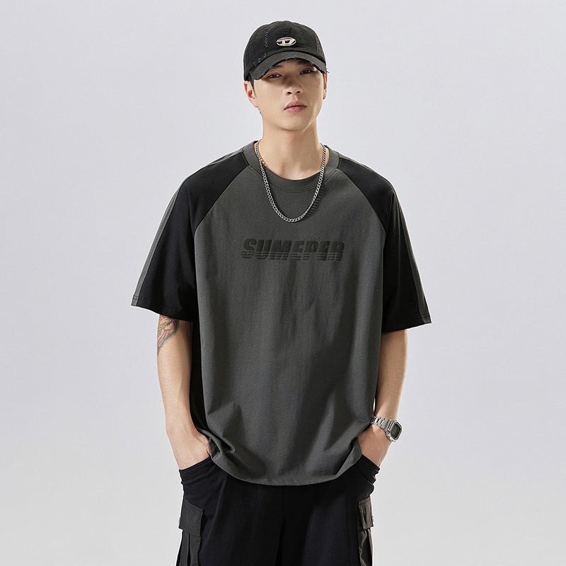 Short-Sleeved Crew Neck T-Shirt Men'S 2025 American Heavyweight 240G Tide Splice Color Casual Loose Men'S T - Image 4