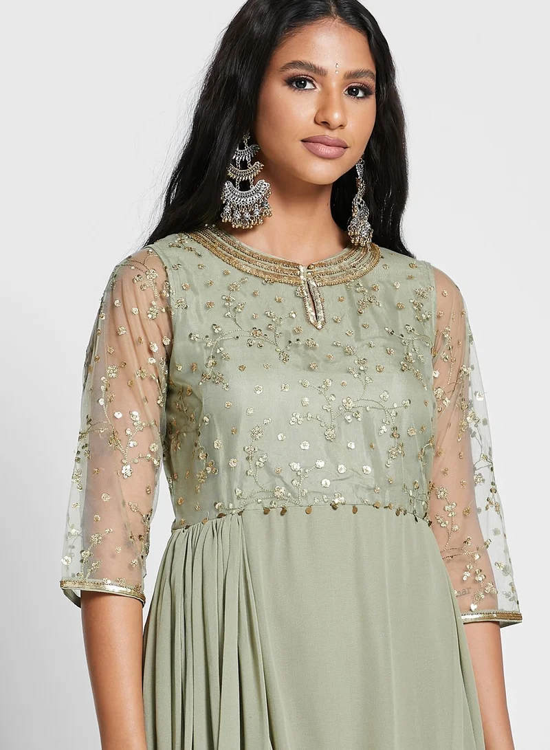 W Mesh Sleeves Asymmetric Kurti