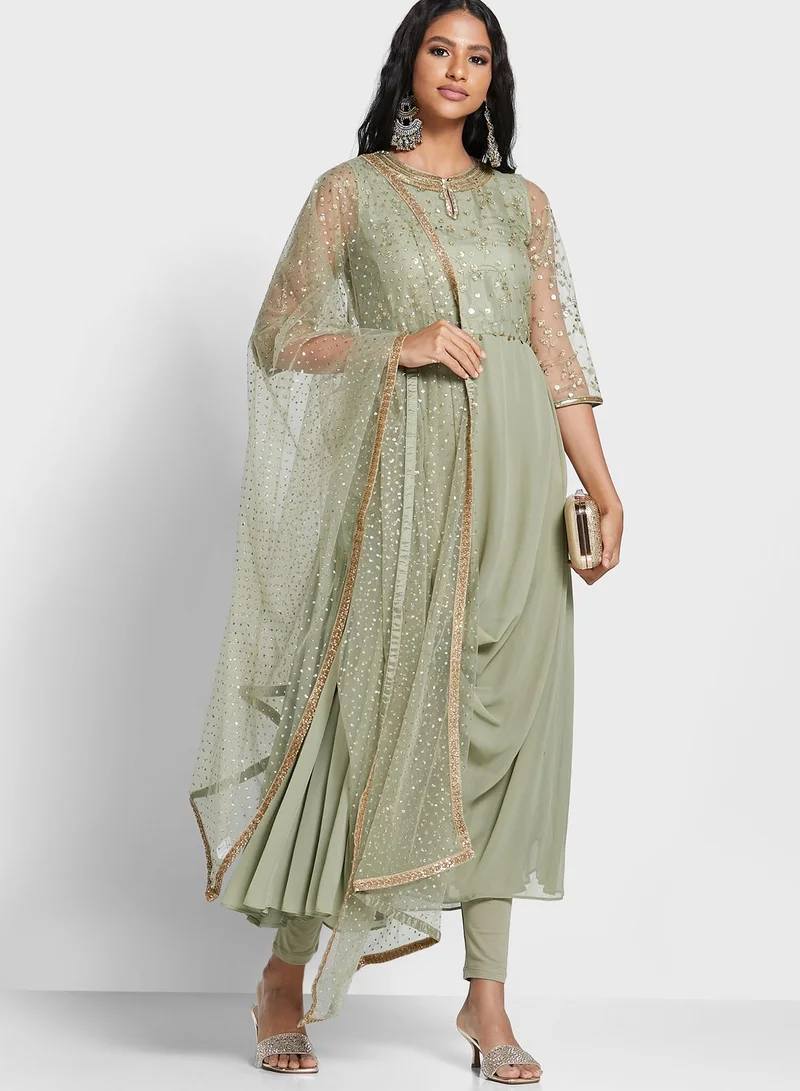 W Mesh Sleeves Asymmetric Kurti