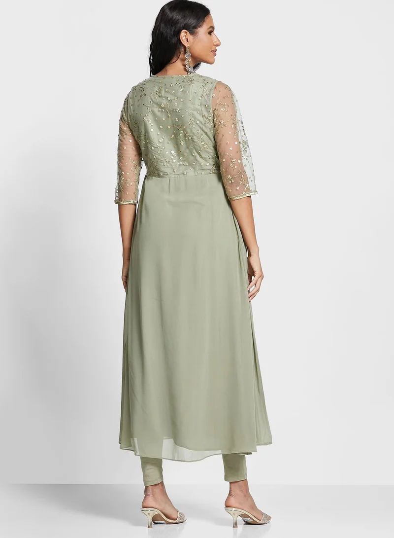 W Mesh Sleeves Asymmetric Kurti